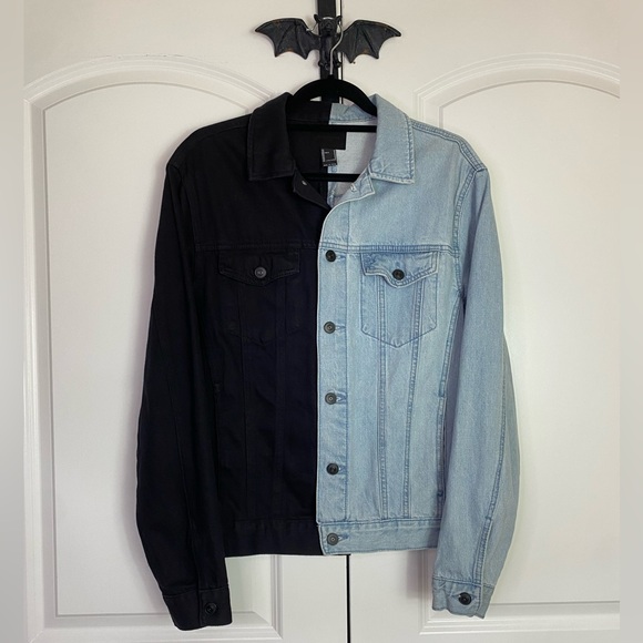 Street Wear Jean Jacket Color Block Black & Blue Pockets Button front Size M - Picture 1 of 12